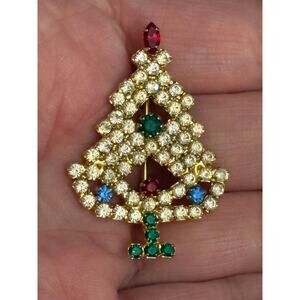 Vintage Rhinestone Christmas Tree Brooch Gold Tone 2”